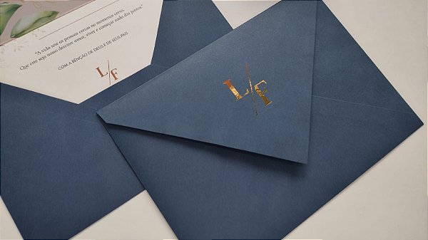 Convite Casamento Envelope Azul Escuro Forrado C/ Iniciais Metalizadas