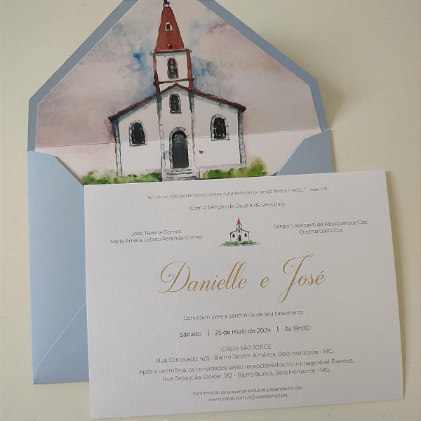 Convite Casamento Forrado Envelope Azul Serenity Capela