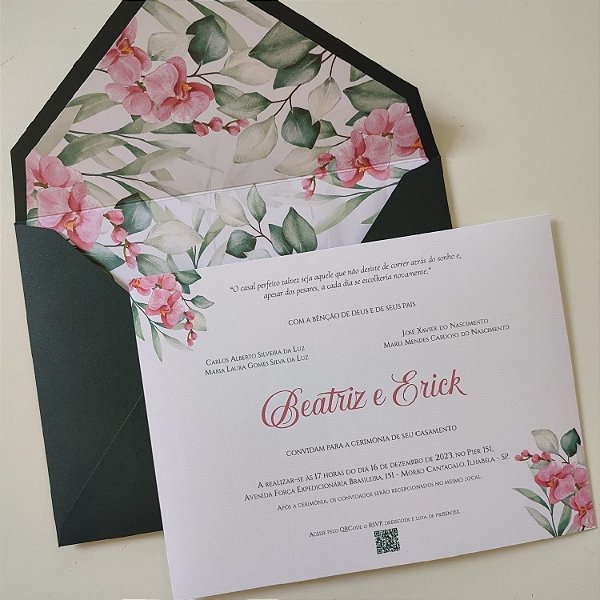 Convite Casamento Forrado Verde Escuro Orquídea Fúcsia