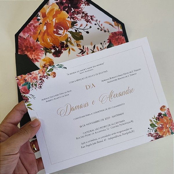 Convite Casamento Envelope Forrado Verde Escuro Floral Laranja
