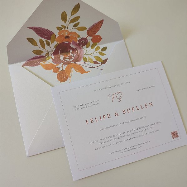 Convite Casamento com Envelope Forrado Branco Perolado Terracota com fucsia