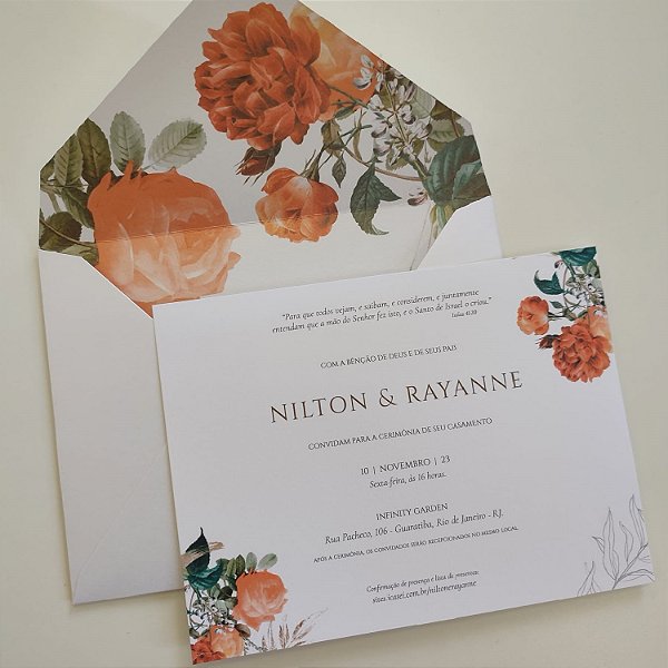 Convite Casamento c/ Envelope Forrado Branco Perolado Terracota