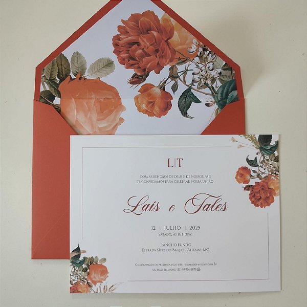 Convite Casamento Envelope Laranja Forrado Terracota