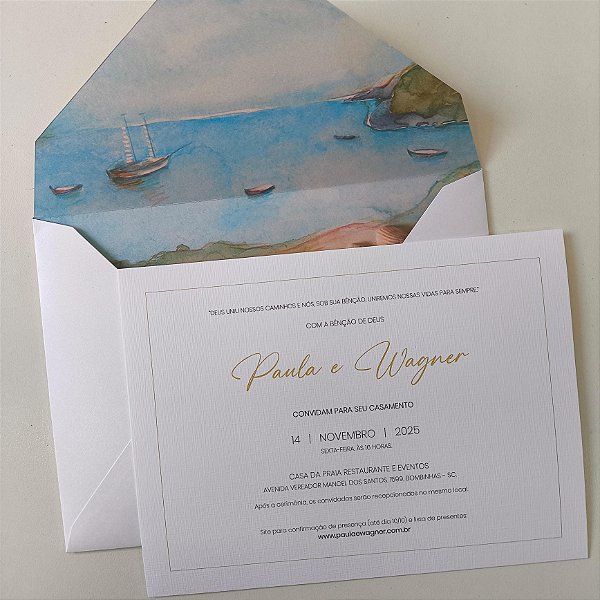 Convite Casamento C/ Envelope forrado Aquarela Praia / Praiano