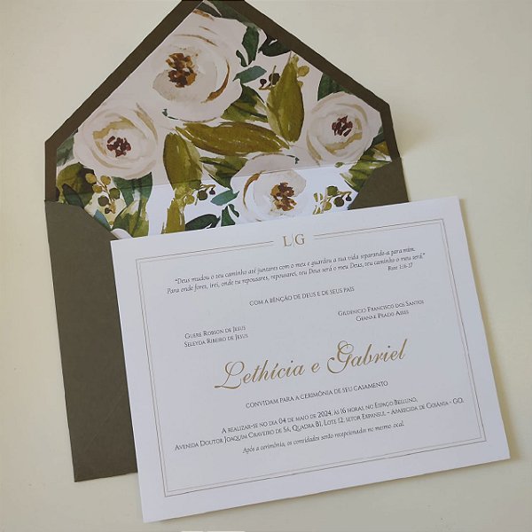 Convite Casamento Forrado Verde Oliva Folhagem com floral Branco
