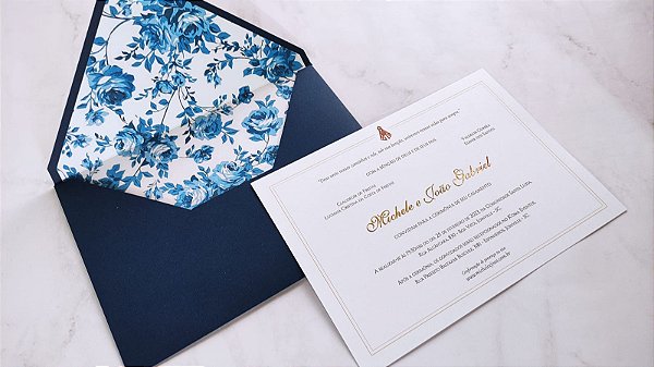 Convite Casamento Envelope Azul Escuro Forrado COM METALIZADO Nossa Senhora