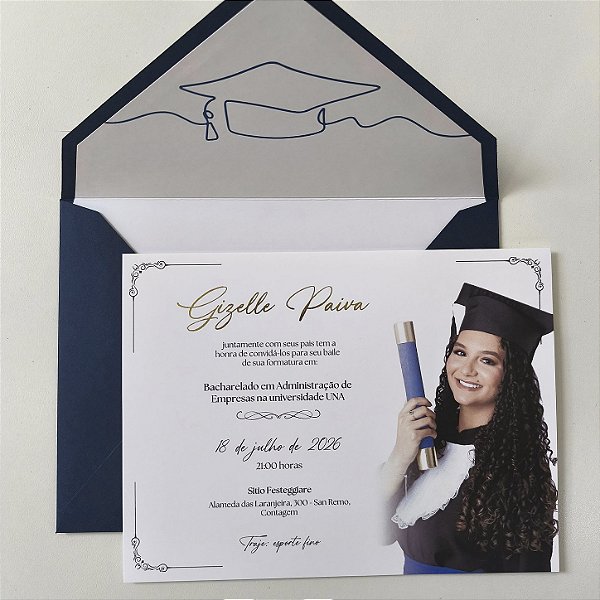 Convite de Formatura Formandos c/ Brasão no Envelope Forrado Azul Escuro