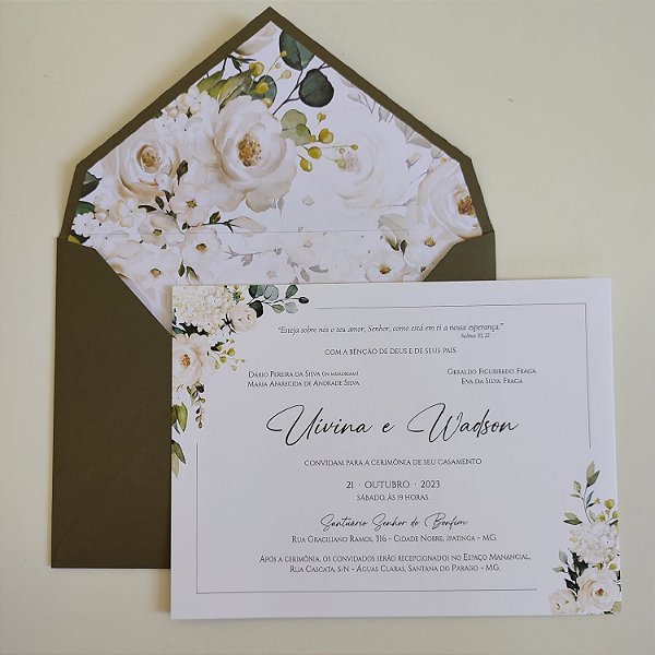 Convite Casamento Envelope Forrado Verde Oliva Floral Branco