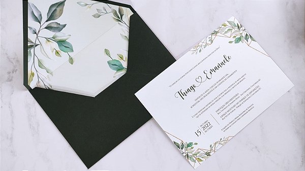 Convite Casamento Envelope Forrado Verde Escuro