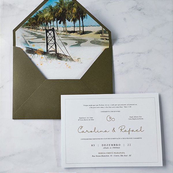 Convite Casamento Envelope Forrado Aquarela Verde Oliva