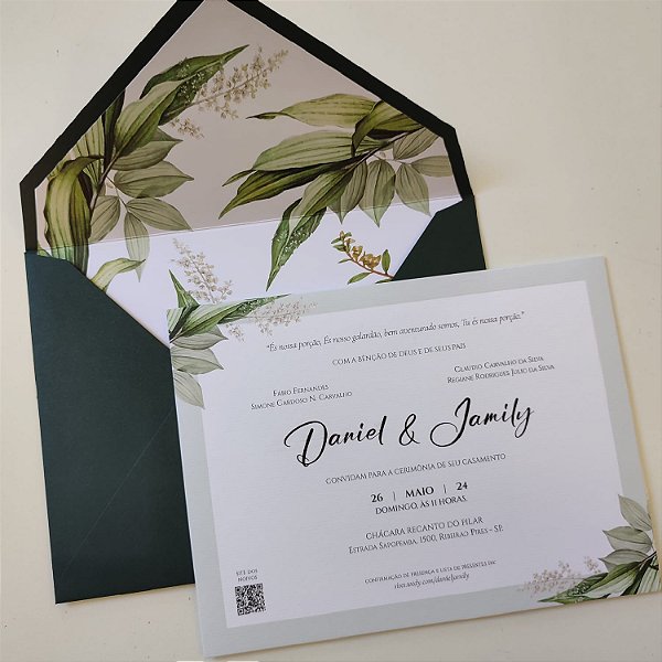 Convite Casamento Envelope Forrado Verde Escuro