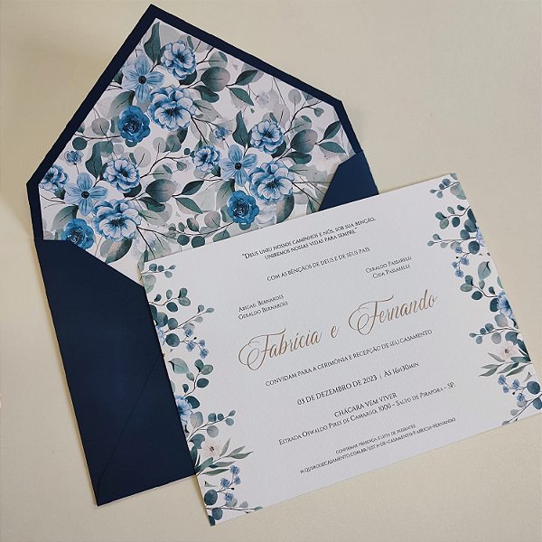 Convite Casamento Azul Escuro forrado Floral