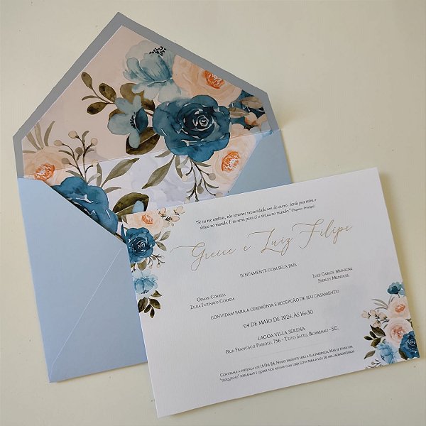 Convite Casamento C/ Envelope FORRADO Azul Serenity com laranja