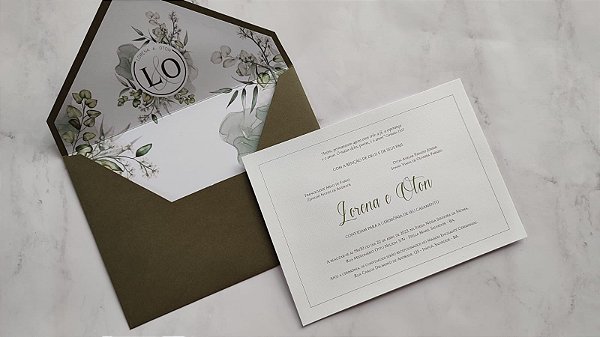 Convite Casamento Envelope Forrado Verde Oliva - Bellagi Convites