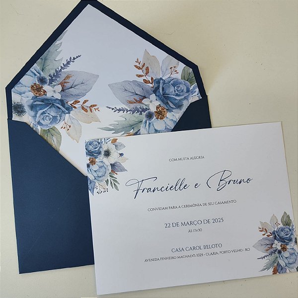 Convite Casamento Azul Escuro Floral Azul Escuro