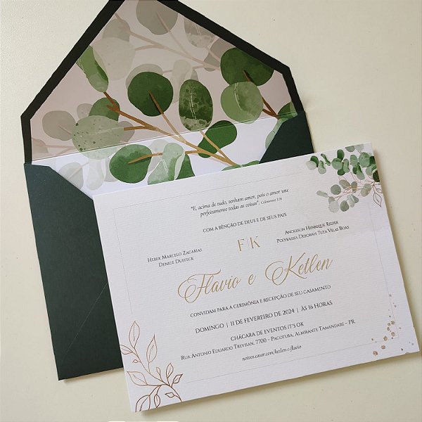 Convite Casamento Forrado VERDE ESCURO Folhagem Oliva