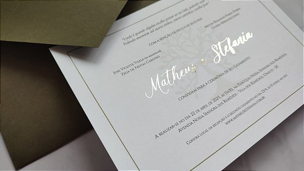 Convite de Casamento Verde Oliva com Metalizado Dourado