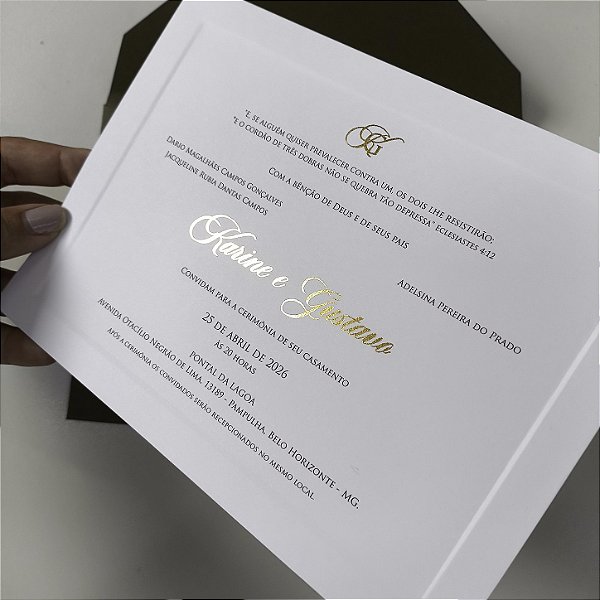 Convite de Casamento Verde Oliva com Metalizado Dourado Borda Relevo
