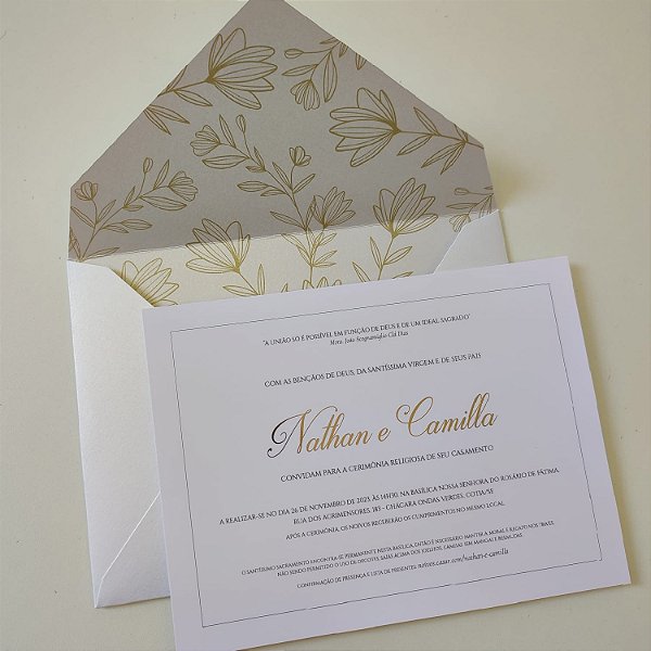 Convite Casamento Envelope Branco Fosco Forrado c/ metalizado Dourado