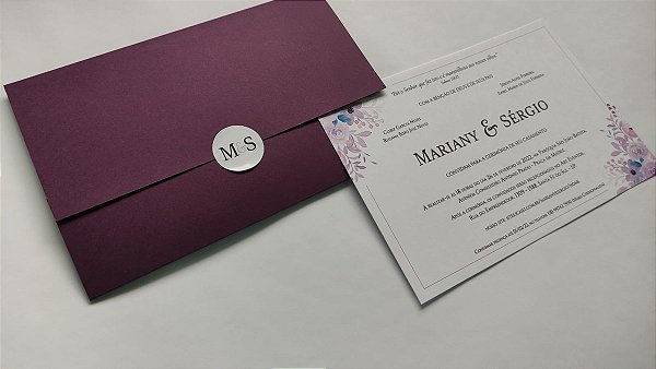 Convite Casamento Envolto Vinho + Adesivos com Iniciais