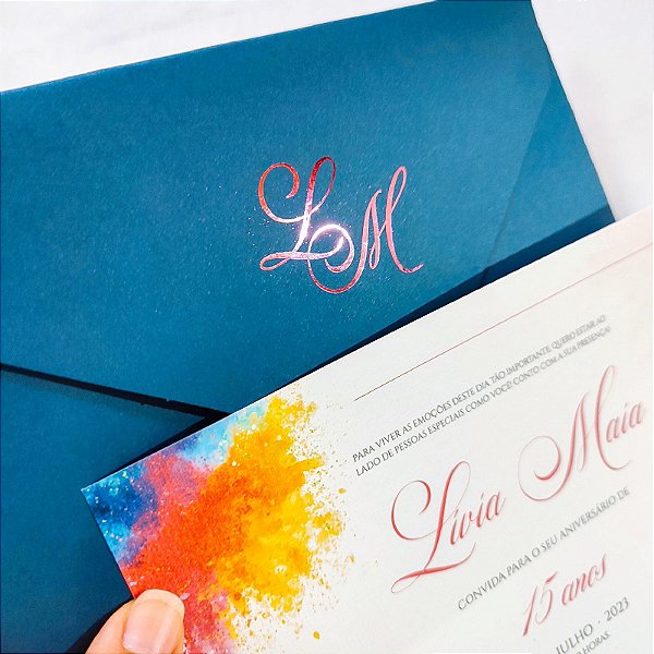 Convite Casamento Envelope Azul Escuro Forrado C/ Iniciais 15 Anos / Debutante