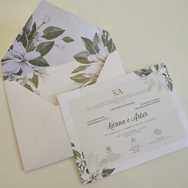 Convite Casamento envelope Forrado floral Branco com Folhagem