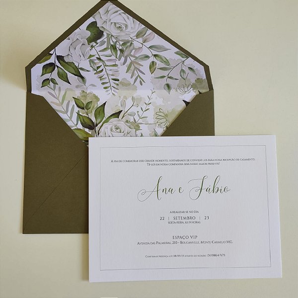 Convite Casamento Forrado Envelope Verde Oliva