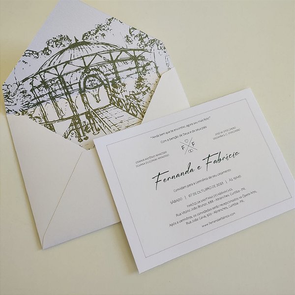 Convite Casamento com Envelope Perolado Forrado Verde Escuro