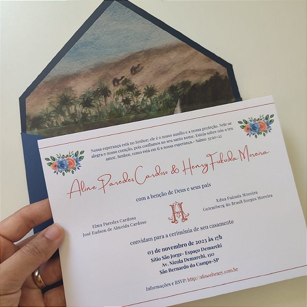Convite Casamento Envelope Azul Escuro Forrado Aquarela