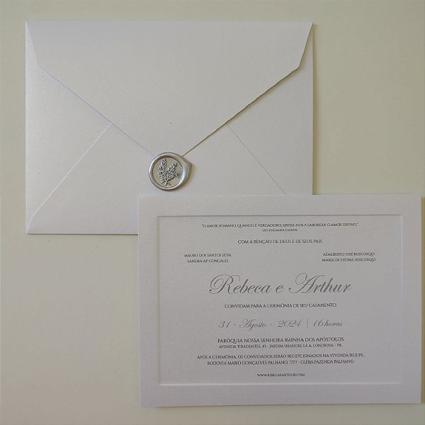 Convite Casamento Envelope Perolado Borda Relevo com Lacre