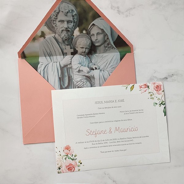 Convite Casamento Envelope Forrado Rosa Sagrada Família