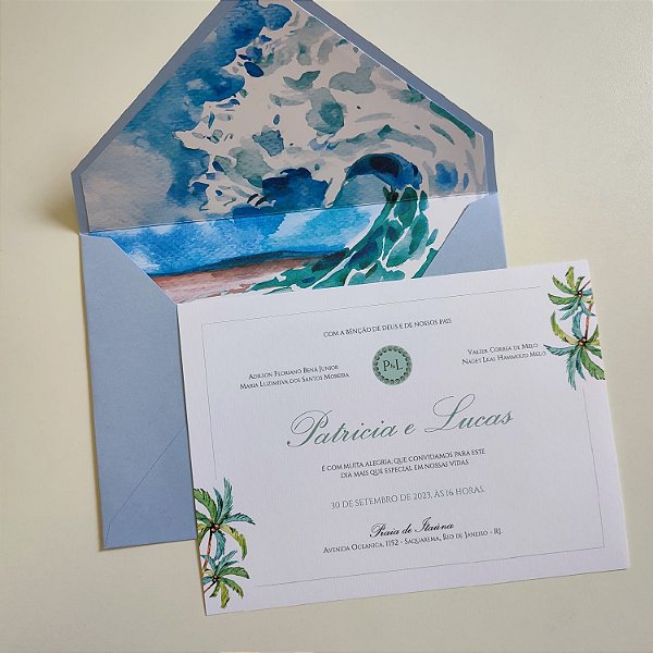 Convite Casamento c/ Envelope Serenity Forrado Praia / Praiano
