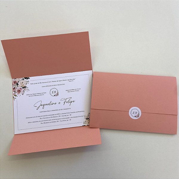 Convite Casamento Envolto Rosê / Rosa e adesivo com iniciais