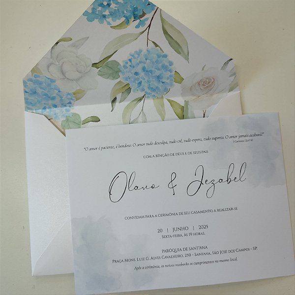 Convite Casamento com Envelope Forrado Azul Serenity Hortênsia