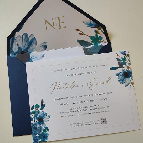 Convite Casamento Envelope Azul Escuro Forrado com Iniciais