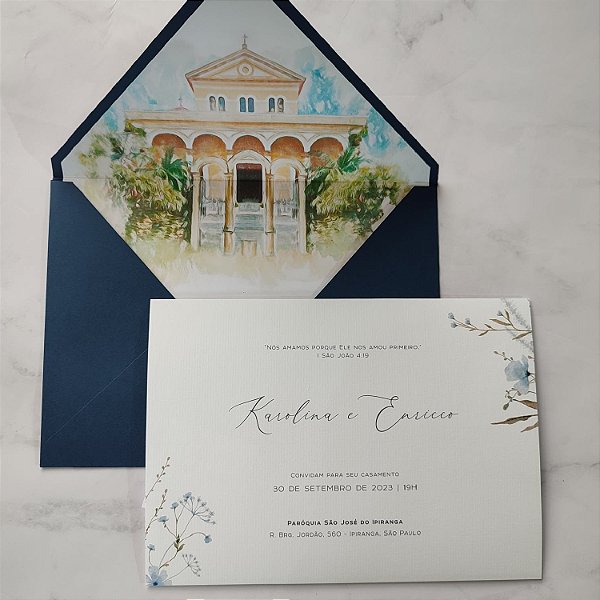 Convite Casamento Envelope Azul Escuro Forrado Aquarela
