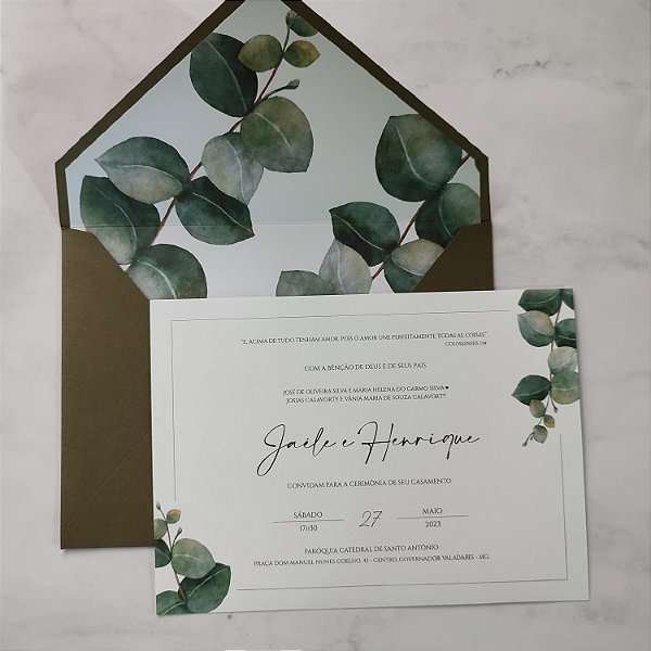 Convite Casamento Envelope Forrado Verde Oliva Eucalipto