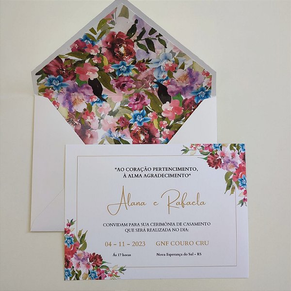 Convite Casamento c/ Envelope Branco Perolado Forrado Fucsia