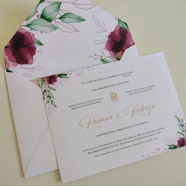 Convite Casamento c/ Envelope Forrado Branco Fosco Fucsia