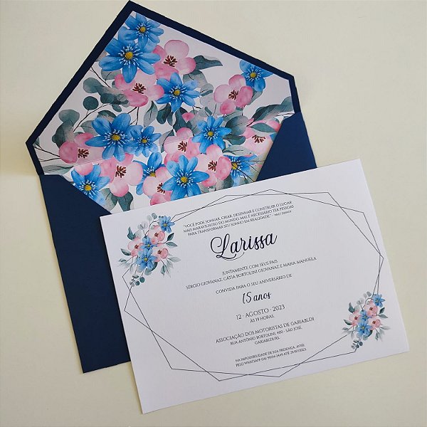 Convite 15 anos / Debutante C/ Envelope Azul Escuro com rosa
