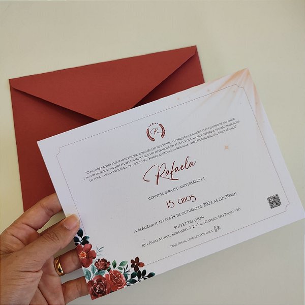 Convite 15 anos / Debutante C/ Envelope Marsala com Lacre de Cera Dourado
