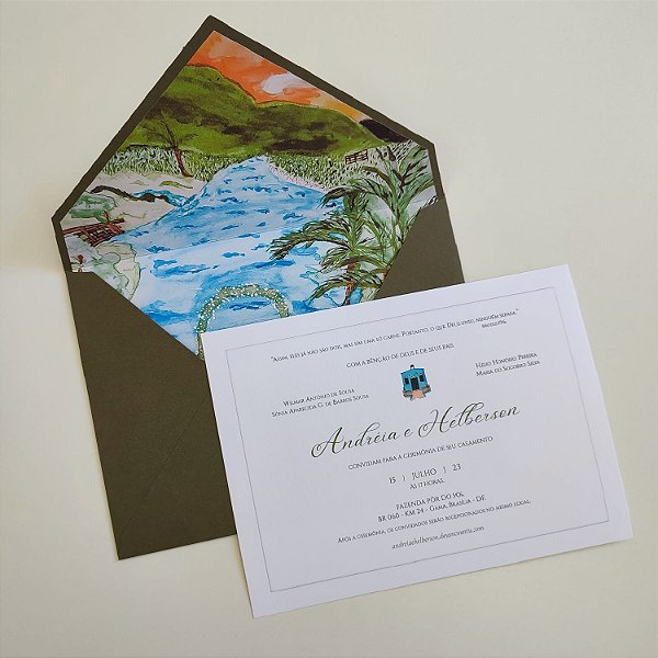 Convite Casamento Envelope Verde Oliva Forrado Aquarela