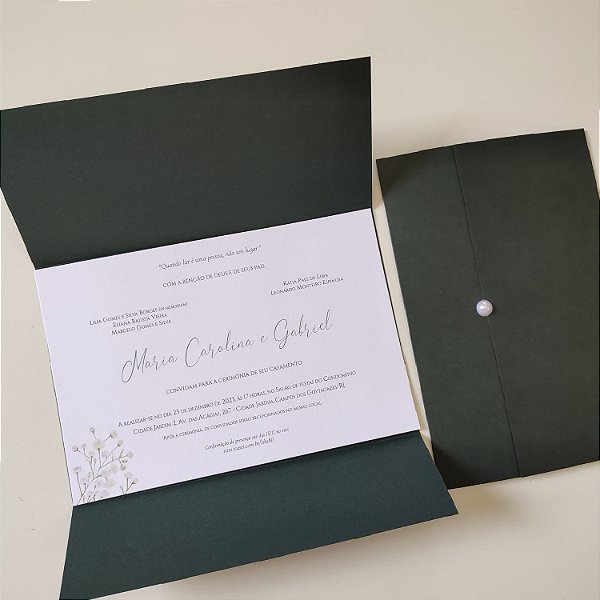 Convite Casamento Verde Escuro e meia pérola