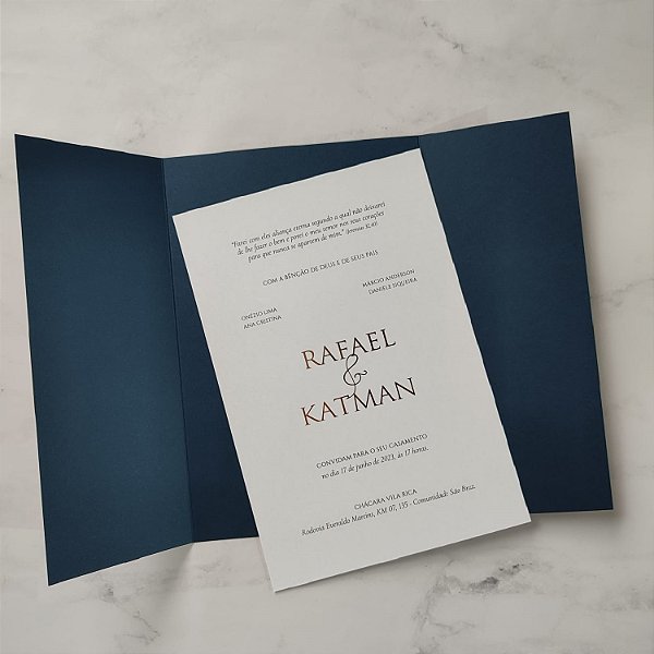 Convite Casamento Vertical Azul Escuro Petróleo Minimalista com metalizado
