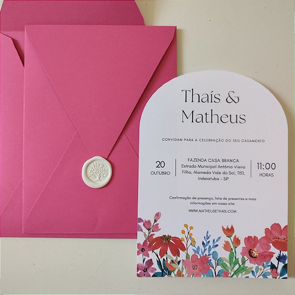 Convite Casamento Vertical Arredondado Rosa Pink com Lacre de Cera