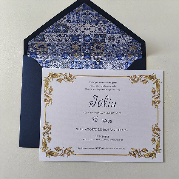 Convite 15 anos / Debutante Forrado Azulejo Português Realeza Azul e Dourado