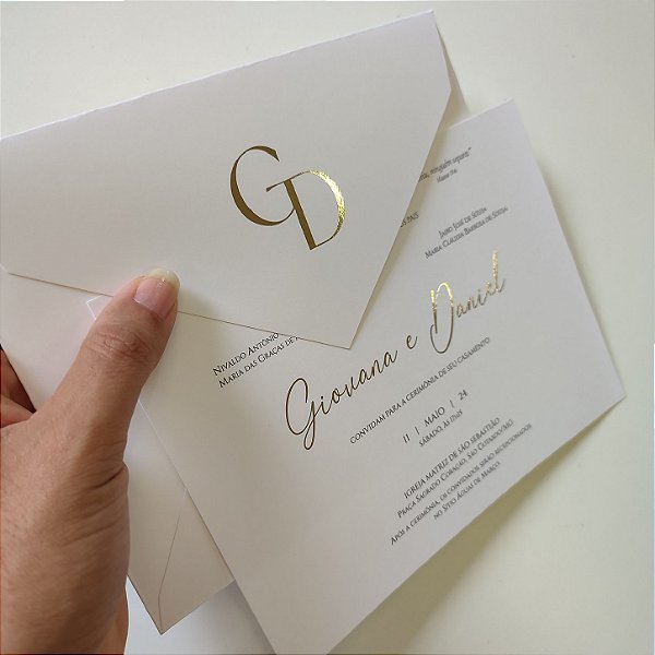 Convite Casamento Envelope Branco Metalizados Iniciais Nomes Lacre de cera