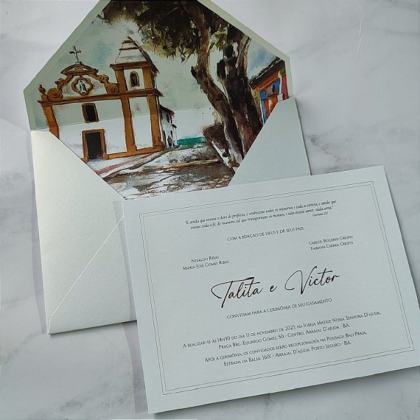 Convite Casamento c/ Envelope Forrado Aquarela c/ Metalizado