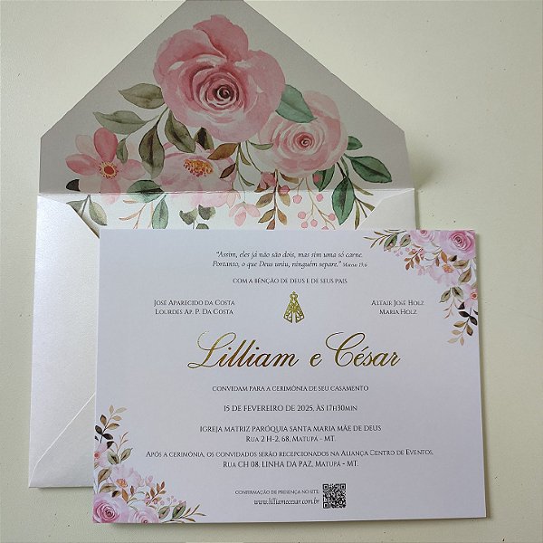 Convite Casamento c/ Envelope Forrado Floral Rosa Rosê c/ Metalizado