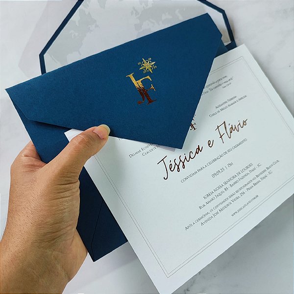 Convite Casamento Envelope Azul Escuro Forrado Mapa Mundi + METALIZADO